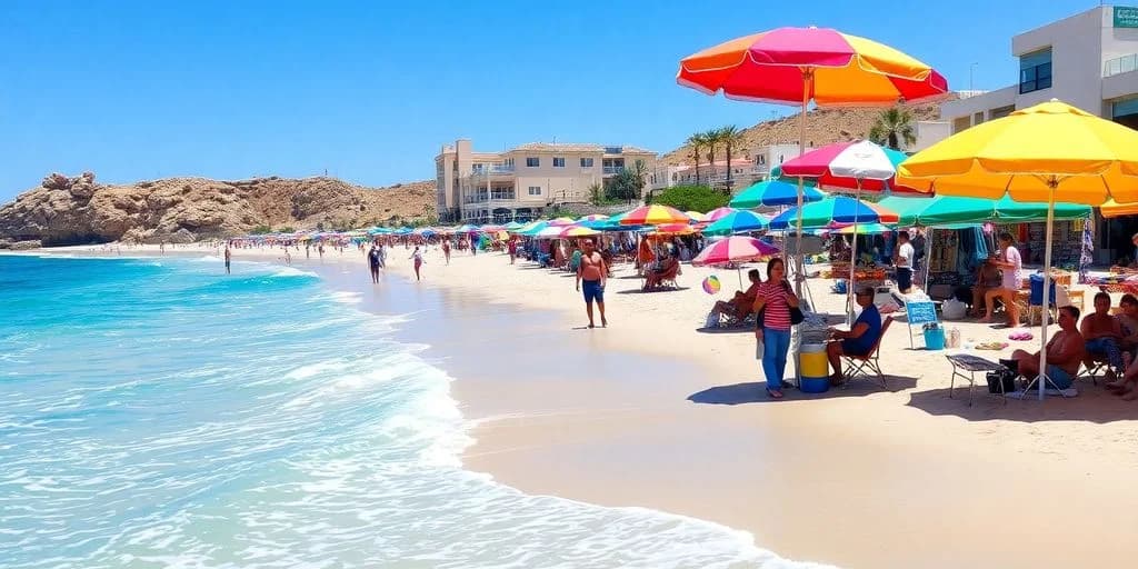 Crowded beach at Beach Vendor Guide in Cabo: What to Know with umbrellas, building beyond