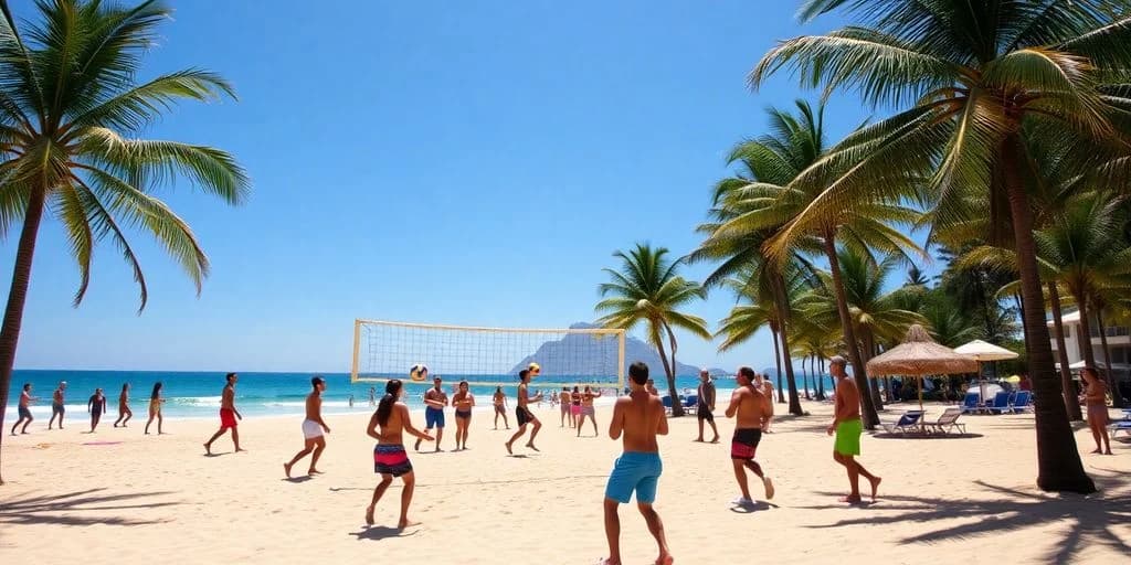 Beach volleyball game at Beach Volleyball Rental in Cabo with palm trees, ocean beyond