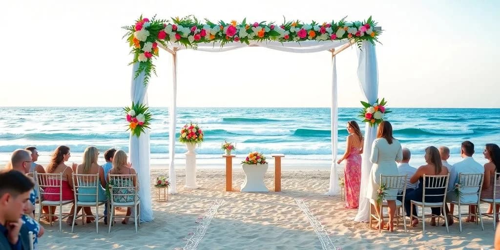 Beach wedding arch at Beach Wedding Permits in Cabo: Requirements with floral decorations, ocean beyond