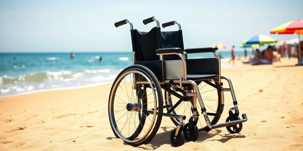 Wheelchair on beach at Beach Wheelchair Rental in Cabo: Guide with ocean in background