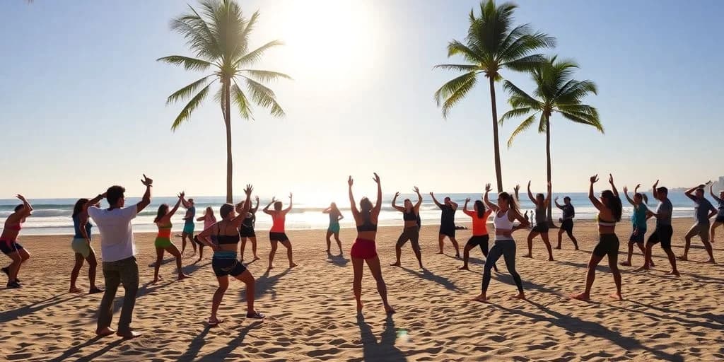 Beach fitness class at Beach Workout Classes in Cabo: Schedule with palm trees, ocean
