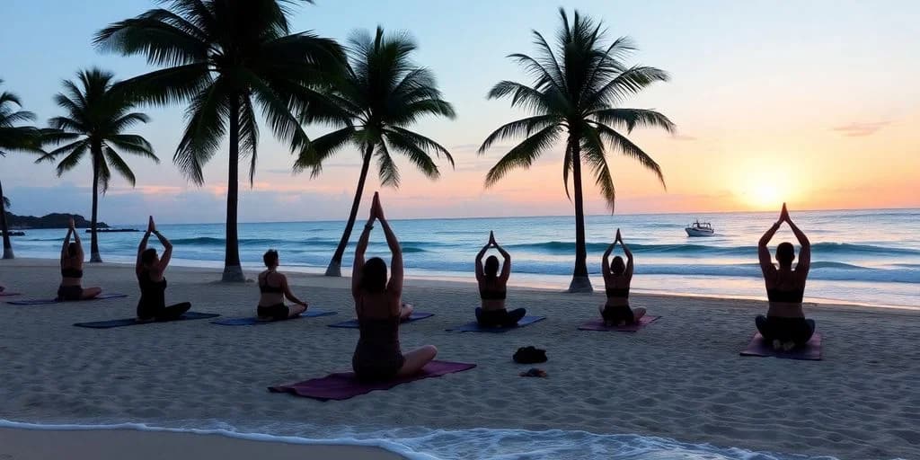 Beach yoga class at Beach Yoga Classes in Cabo: Schedule Guide at sunset, with palm trees