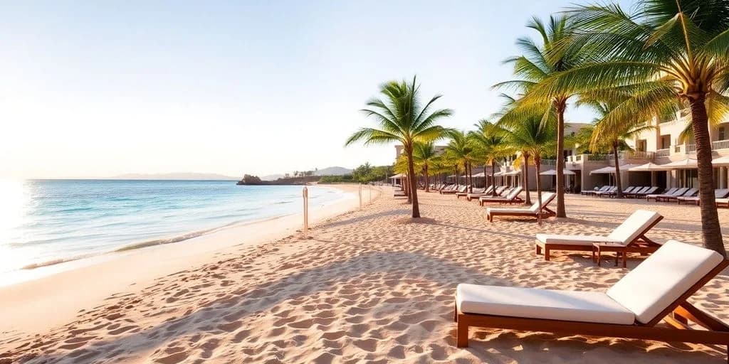 Beach lounge chairs 2 at Beachfront Bliss at Casa Dorada Los Cabos under palm trees, calm ocean