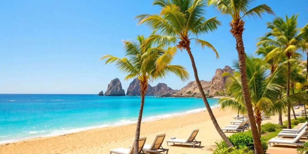 Beach lounge chairs 3 at Beachfront Bliss Awaits at Los Cabos Pueblo Bonito with mountains, clear blue water