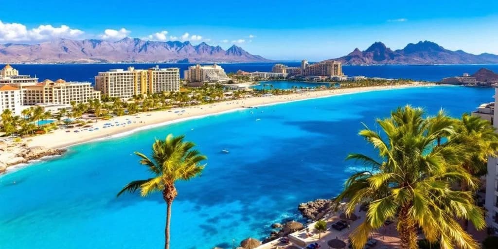 Beach resort aerial at Beachfront Bliss Awaits at Pueblo Bonito Los Cabos with hotels, mountains in distance