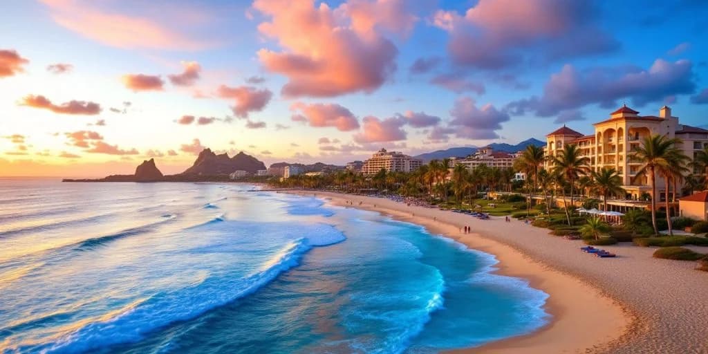 Beachfront resort at Best All-Inclusive Cabo Hotels for Every Budget at sunset, with ocean waves