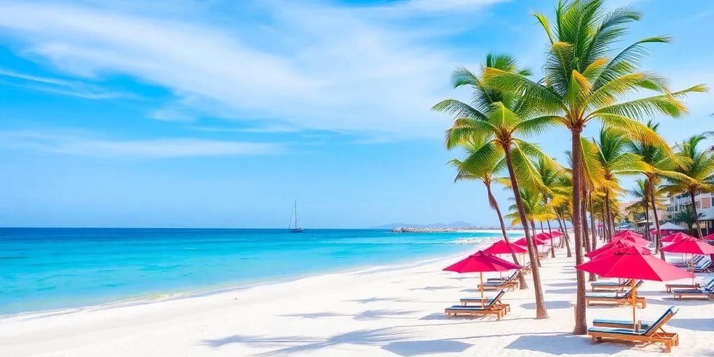 White sand beach at Best All-Inclusive Resorts in CaboSee Them Now! with sailboat, red umbrella