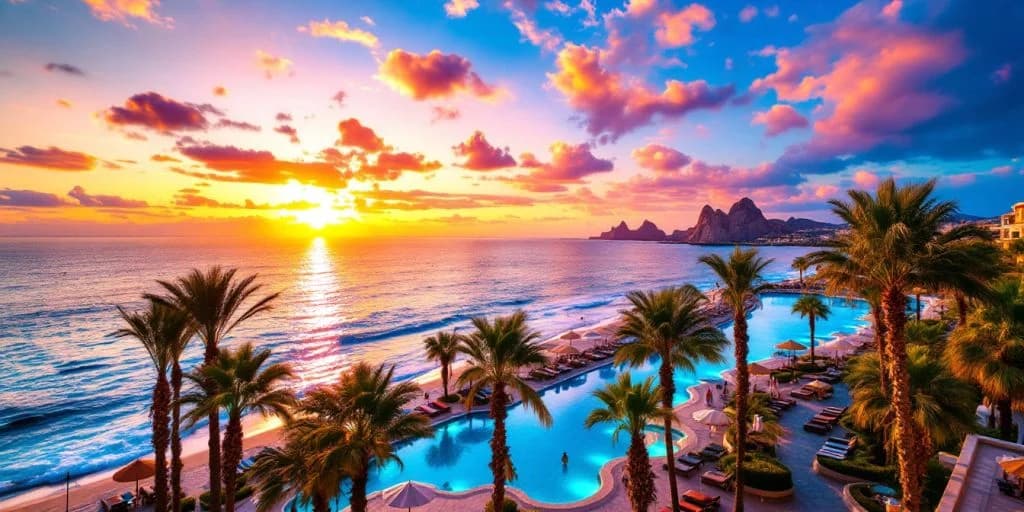 Infinity pool at Best All-Inclusive Resorts in Los Cabos for Every Budget at sunset, with palm trees