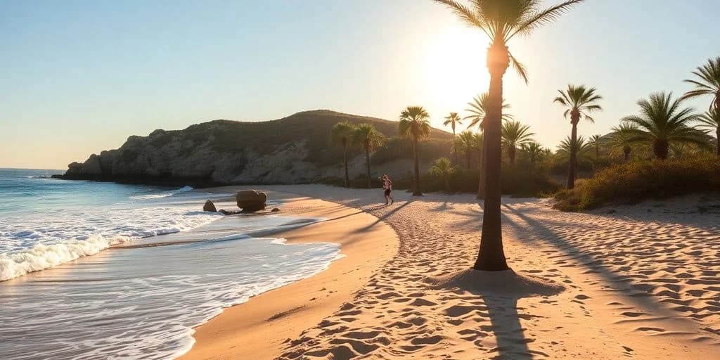Beach runner at Best Beach Running Routes in Cabo at sunrise, with palm trees