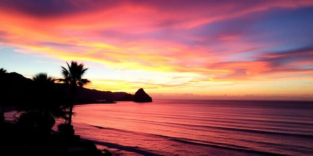 Ocean sunset at Best Beach Sunset Spots in Cabo with rock formation, calm water
