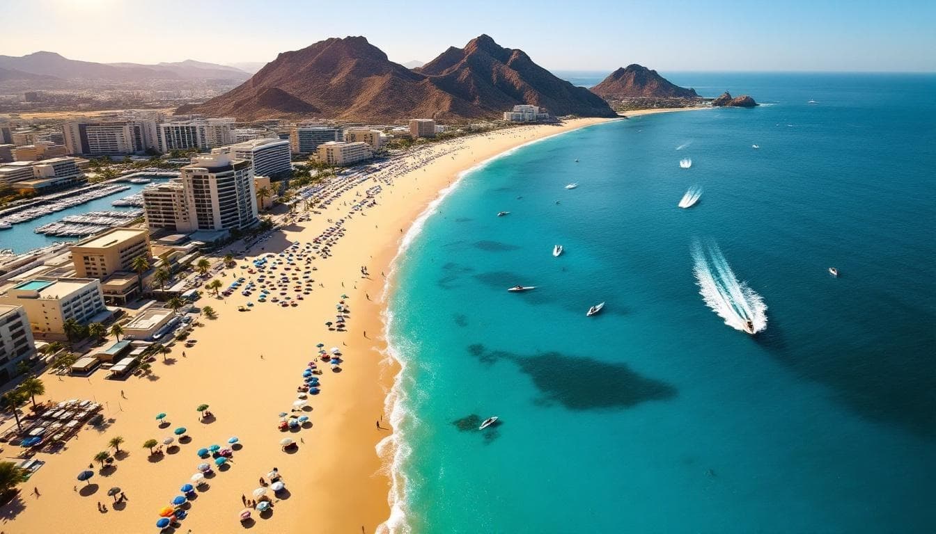 Beach aerial 2 at Best Cabo San Lucas All Inclusive Resorts: Complete 2026 Guide with boats and buildings