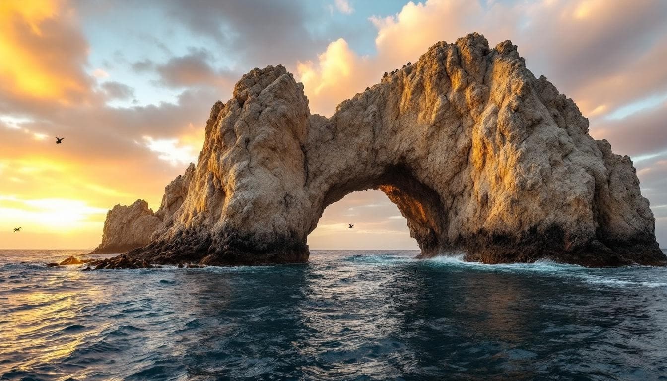 Rock arch 3 at Best Cabo San Lucas Snorkeling: Where to Go + What to Expect at sunset, bird flying