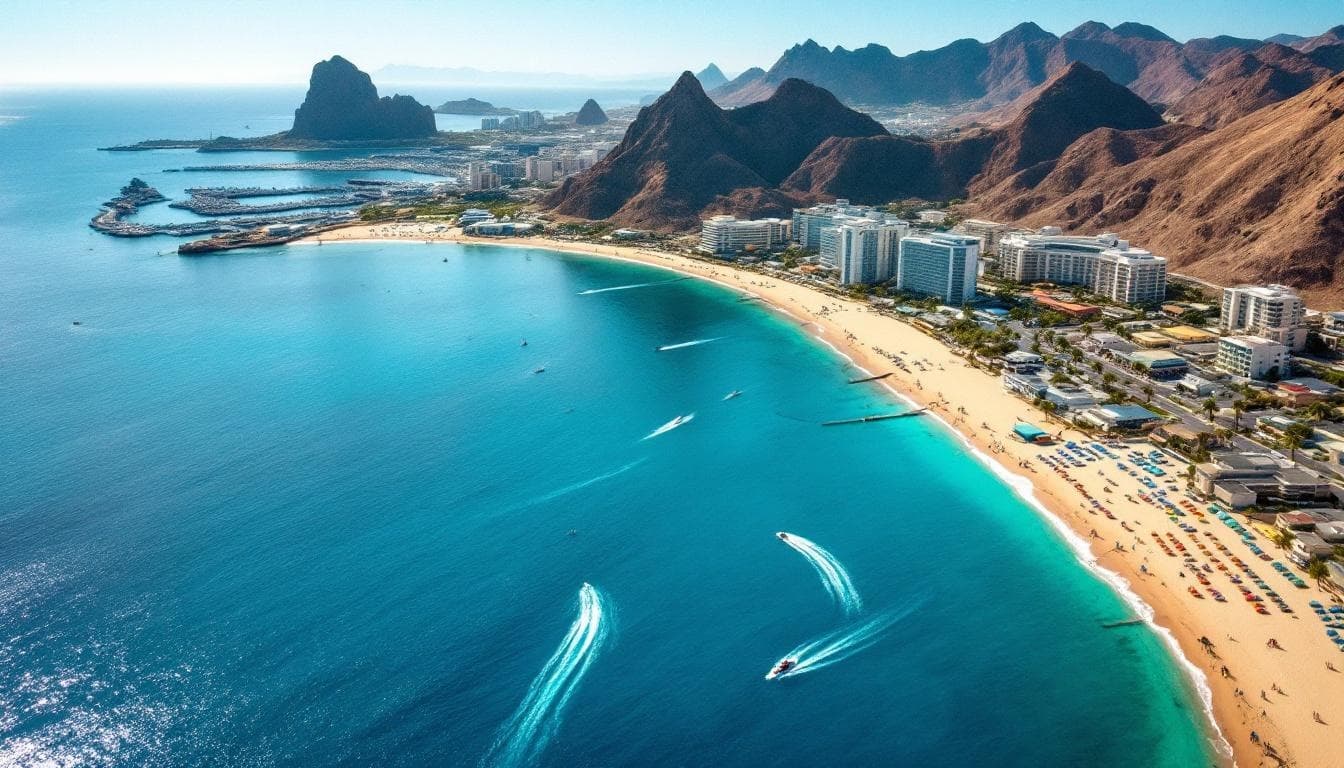Bay aerial at Best Cabo San Lucas Spa Experiences: Where to Unwind in Paradise with speedboats and buildings