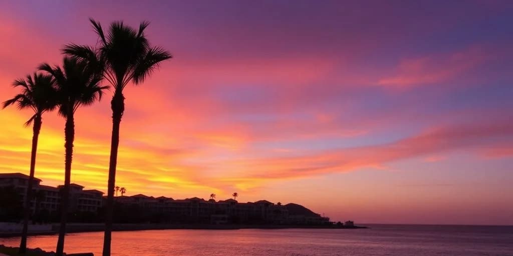 Ocean sunset at Best Resorts in Cabo San LucasLimited Time Offers! vibrant pink and orange sky, building silhouette