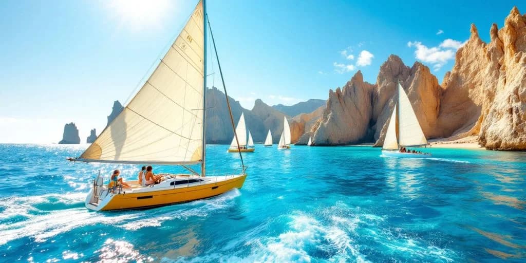 Sailboats at Best Sailing Tours in Cabo near rocky coast, turquoise water