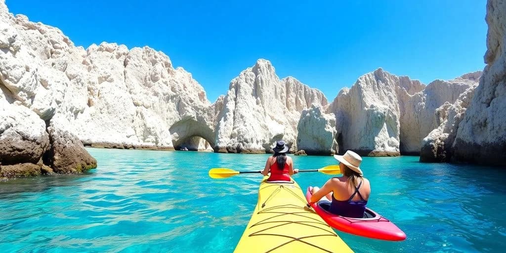 Kayaking at Best Sea Kayak Tours in Cabo two people, white rock formations