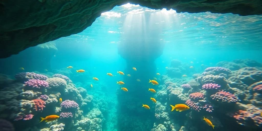 Underwater cave at Best Spots to Snorkel Near El Arco (With Safety Tips) with yellow fish, sun rays