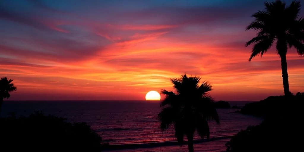 Ocean sunset at Best Sunrise Photography Locations in Cabo palm tree silhouette, vibrant sky