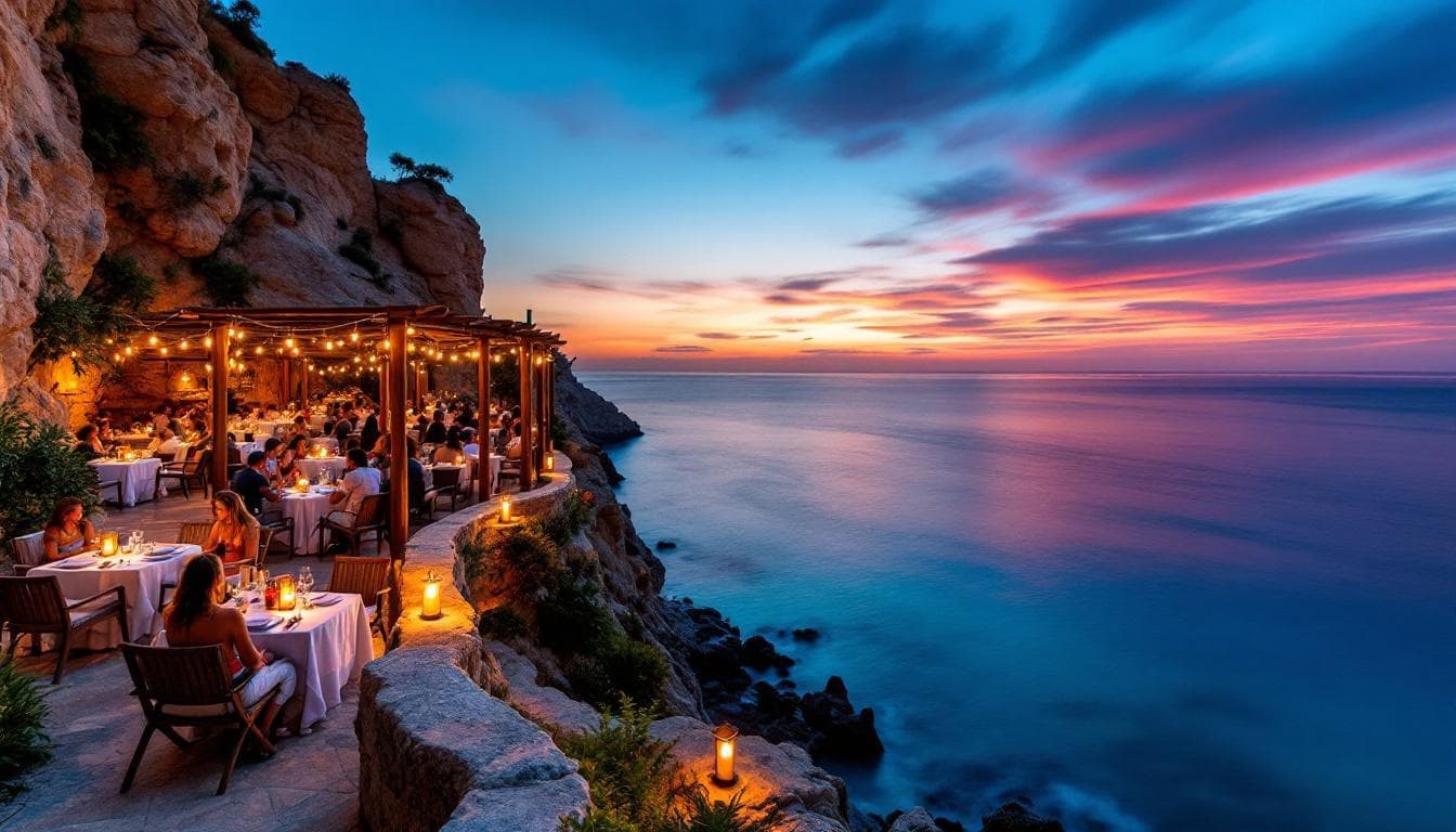 Cliffside terrace at Where the Sky Bleeds Gold: My Unvarnished Guide to Cabo's Best Sunset Dinners at dusk, ocean view, lit