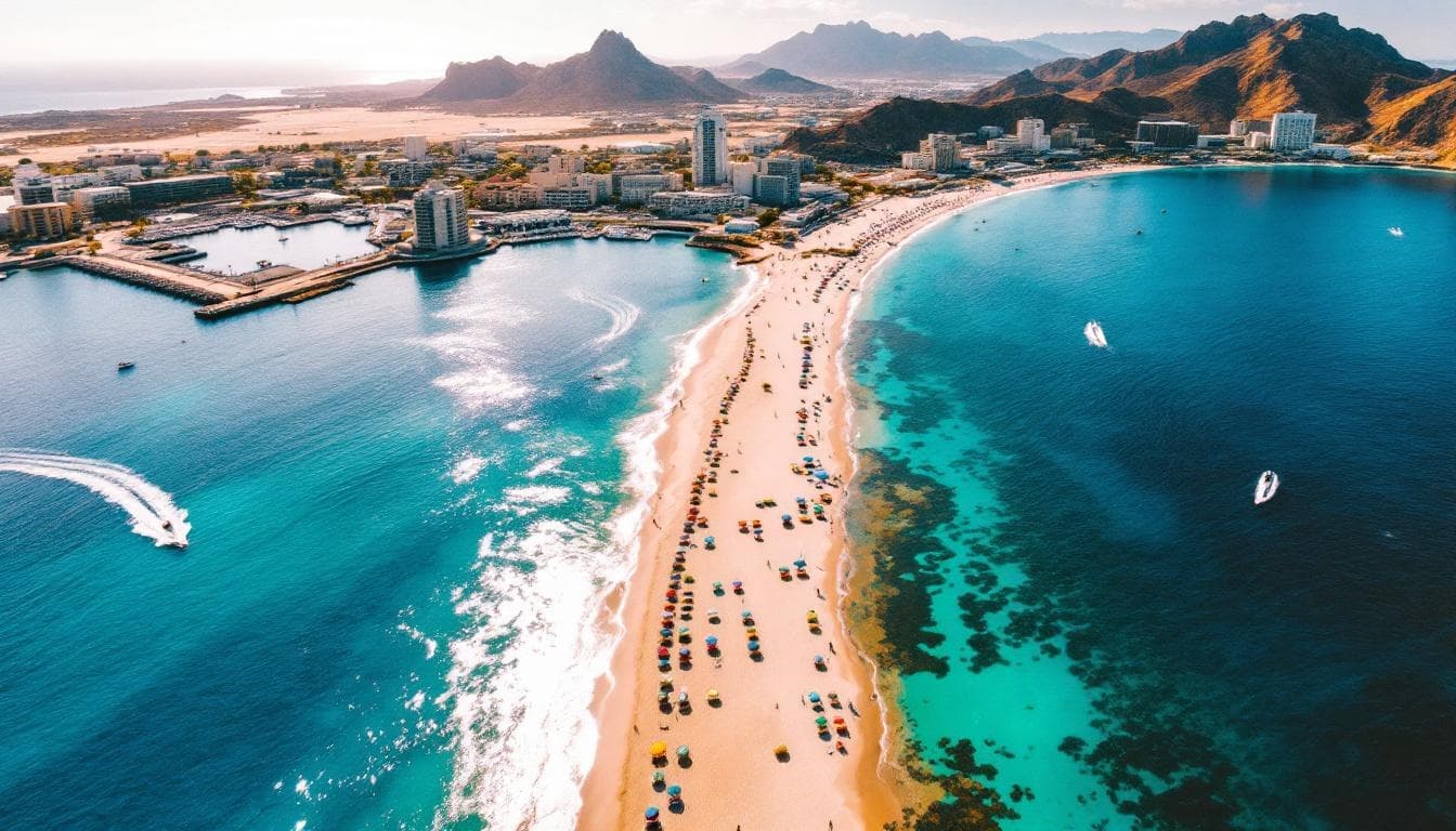Crowded beach aerial at 50 Best Things to Do in Cabo San Lucas: Local's Guide 2026 with city and mountains