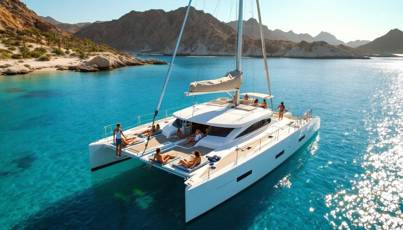Luxury catamaran at Cabo San Lucas: The Unfiltered Guide to Living La Vida Luxe (and a Little Loco) with people sunbathing