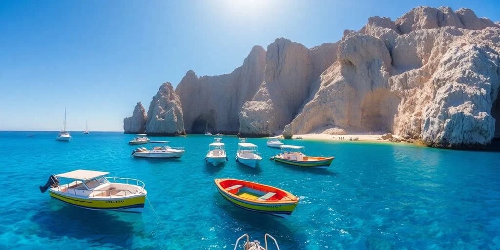 Boats anchored 4 at Boat Tours in Cabo: Company Comparison near rock formations