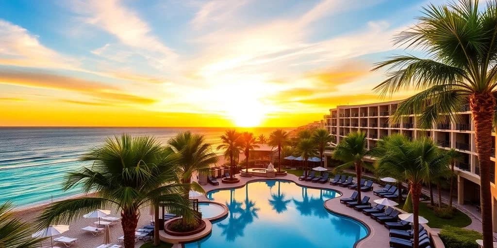 Resort pool at Breathless Cabo Resort & Spa: Offers Revealed! at sunset, with ocean beyond