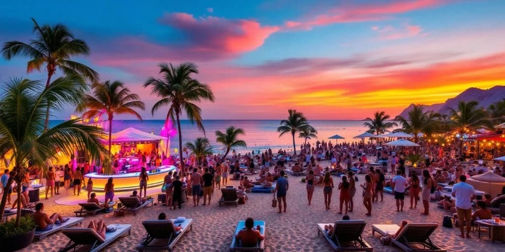 Beach party at Breathless Cabo San Lucas Is the Ultimate Party Resort at sunset, with many people