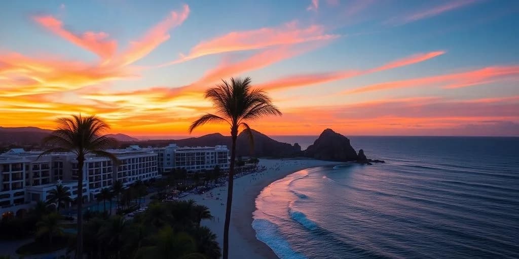 Beach party at Breathless Cabo San Lucas: ¡Revelando ofertas exclusivas! at sunset, with many people