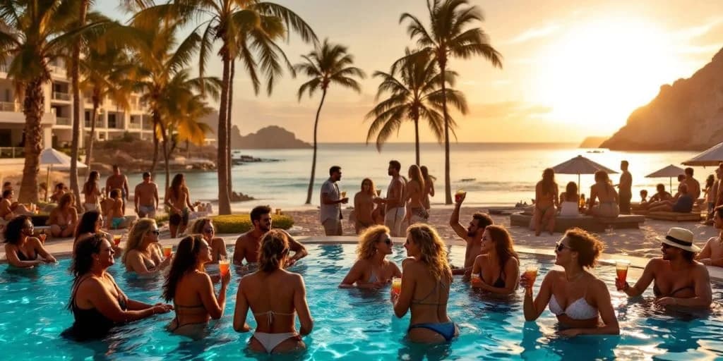 People in pool at Breathless Resort Cabo Is Where the Party Never Stops at sunset, with ocean beyond