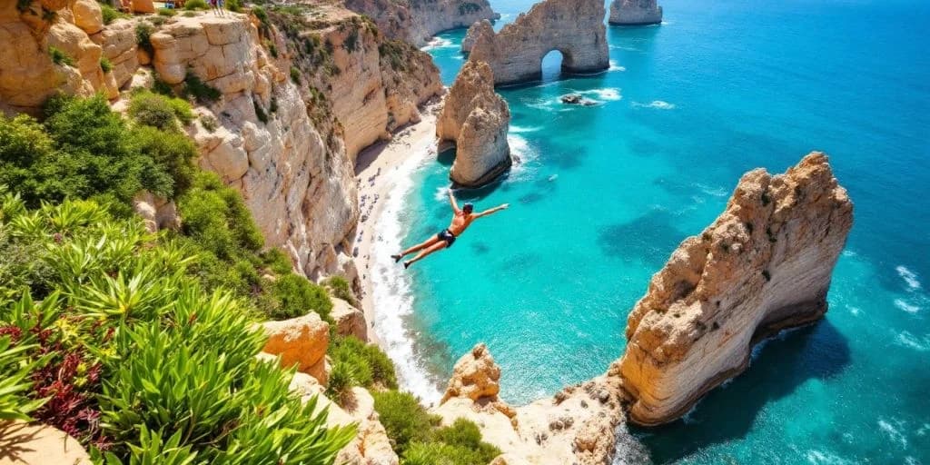 Cliff diving at Bungee Jumping Spots in Cabo man jumping into ocean