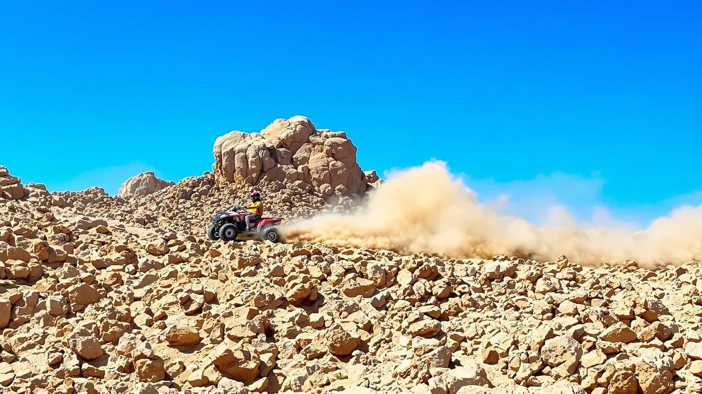 Atv in desert at Cabo Adventure Tours With Professional Photography Included kicking up dust, rocky terrain