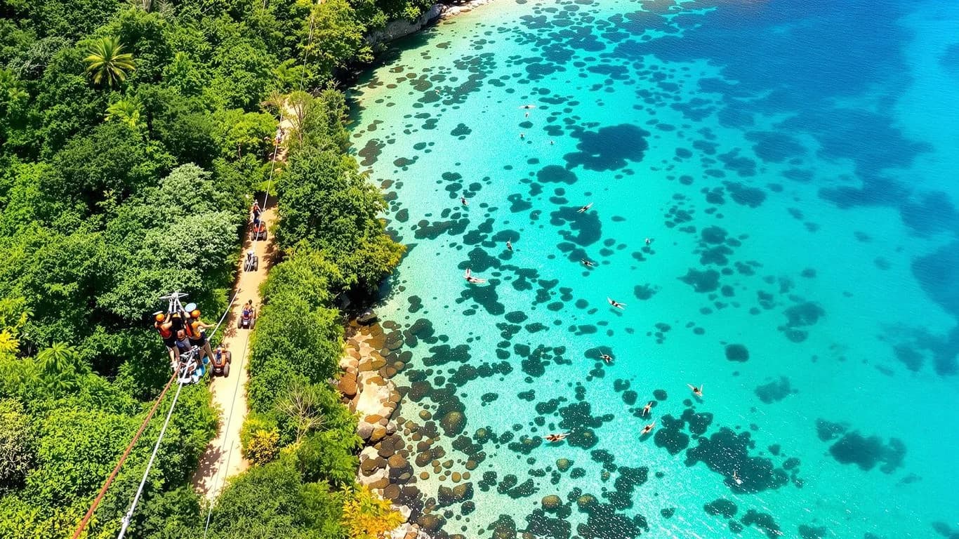 Cove aerial at Cabo Adventure Tours: Zip Line + ATV + Snorkel $199 Per Person with swimmers and snorkelers