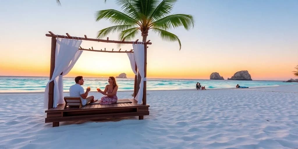 Beach cabana at Cabo All-Inclusive Adults Only: Escape Awaits! woman with drink, at sunset