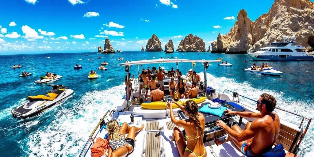 Boat party at Cabo Bachelor Party Boats With DJ, Open Bar & Water Toys with rock formations, clear sky