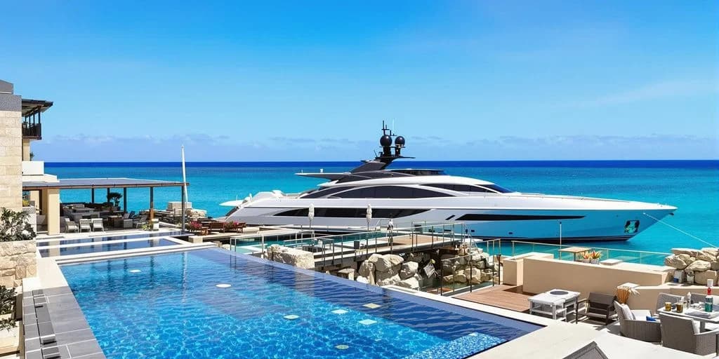 Luxury yacht at Cabo Bachelor Party Packages With Private Villa + Yacht Combo docked by infinity pool, clear sky
