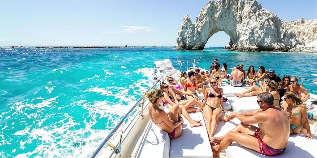 Boat excursion at Cabo Bachelorette Boat Parties Starting at $109 Per Person with rock arch beyond