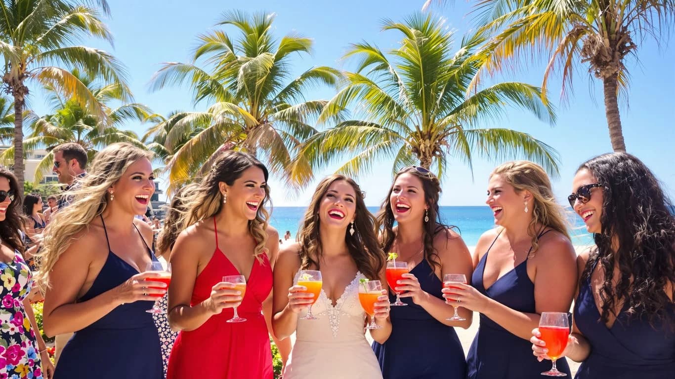Women with cocktails at Cabo Bachelorette Coordination More Detailed Than NASA Launches on beach with palm trees