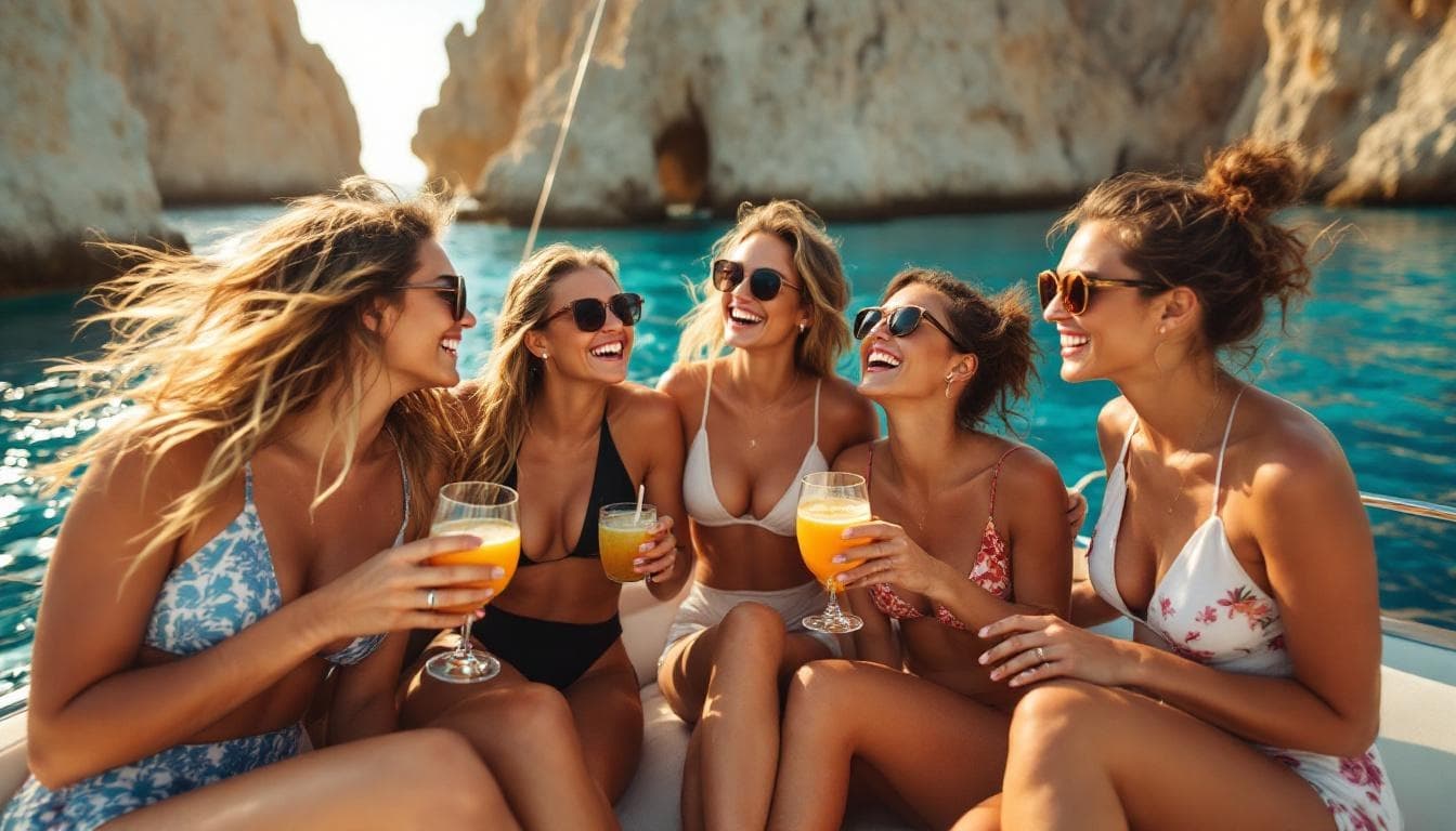Women on boat at The Ultimate Cabo Bachelorette: Trading Tiara Trauma for Tequila Sunrises with cocktails, ocean beyond