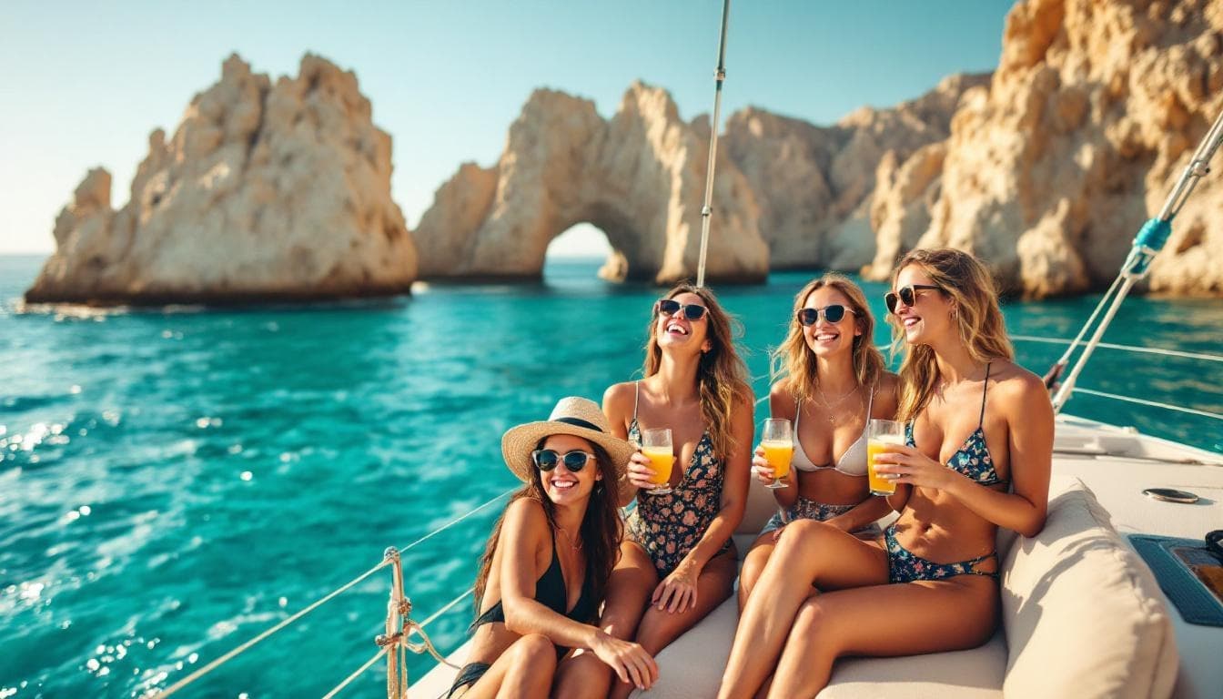 Women on boat at Cabo's Call: Crafting the Ultimate Bachelorette Bash in Paradise with rock arch beyond