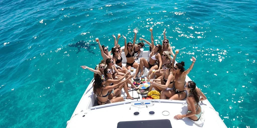 Women on boat at Cabo Bachelorette Party Boats With Snorkeling & Open Bar clear blue water, sunny day