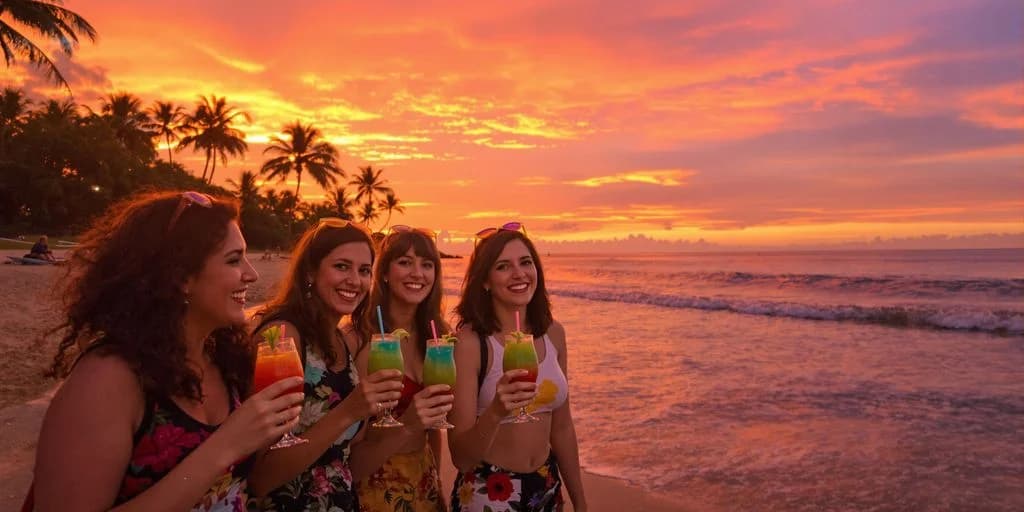 Women with cocktails at Cabo Bachelorette Reviewed: What You Need to Know at sunset on beach