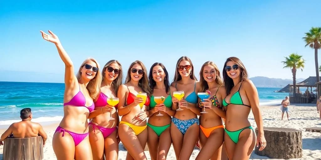 Women on beach at Cabo Bachelorette Unfiltered: What You Need to Know in bikinis, holding cocktails