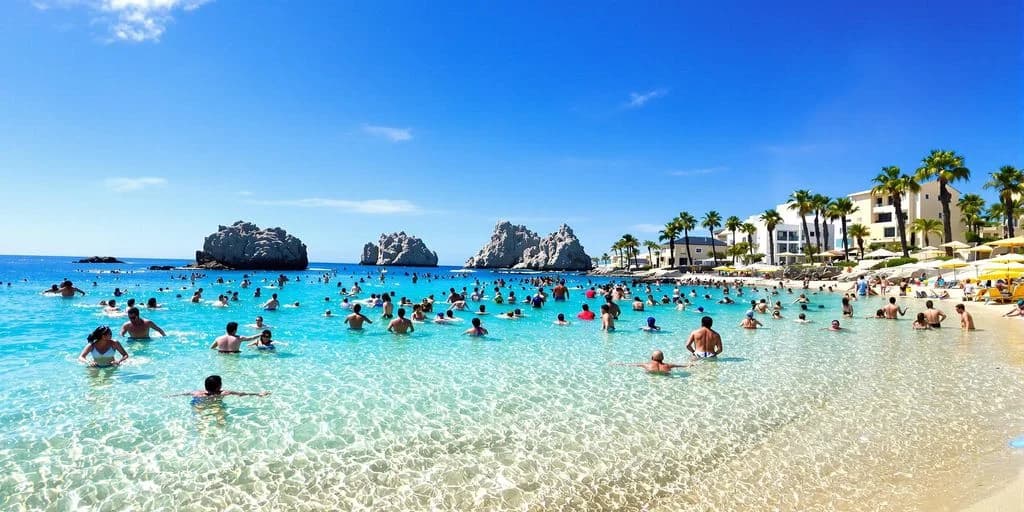 Crowded beach at Cabo Beach Cheap And Fun: What You Need to Know people swimming, rock formations