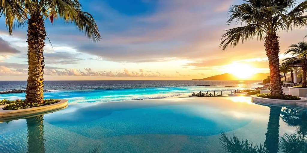 Infinity pool at Cabo Beachfront Hotels With Infinity Pools Under $800/Night at sunset, ocean beyond