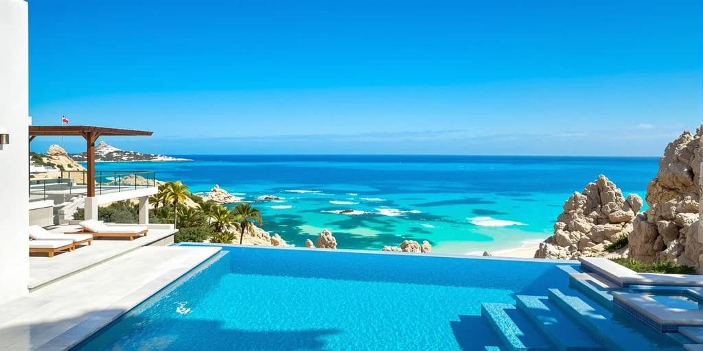 Infinity pool at Cabo Beachfront Villas Where Sand Is Literally Your Front Yard with ocean and rock formations
