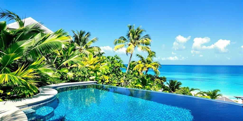 Infinity pool at Cabo Beachfront Villas With Personal Chefs & Butler Service with palm trees, ocean beyond