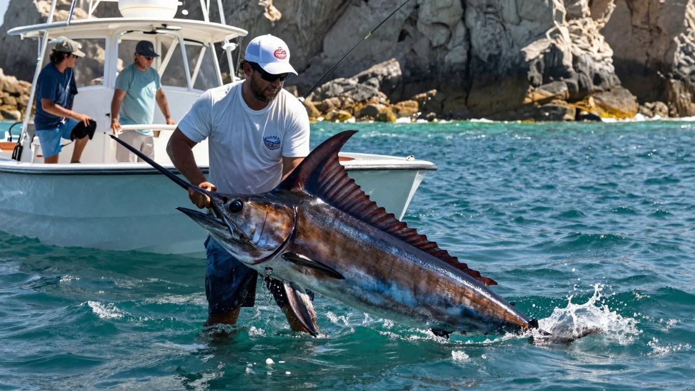 Pescador liberando un picudo frente a Cabo San Lucas