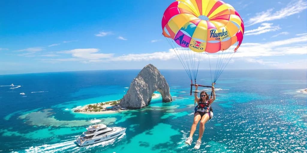 Parasailing person at Cabo Excursions 2026: What You Need to Know over ocean, rock arch beyond