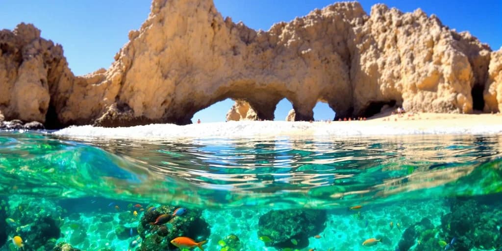 Underwater view at Cabo Excursions Hidden Gems: What You Need to Know with fish, rock arch above